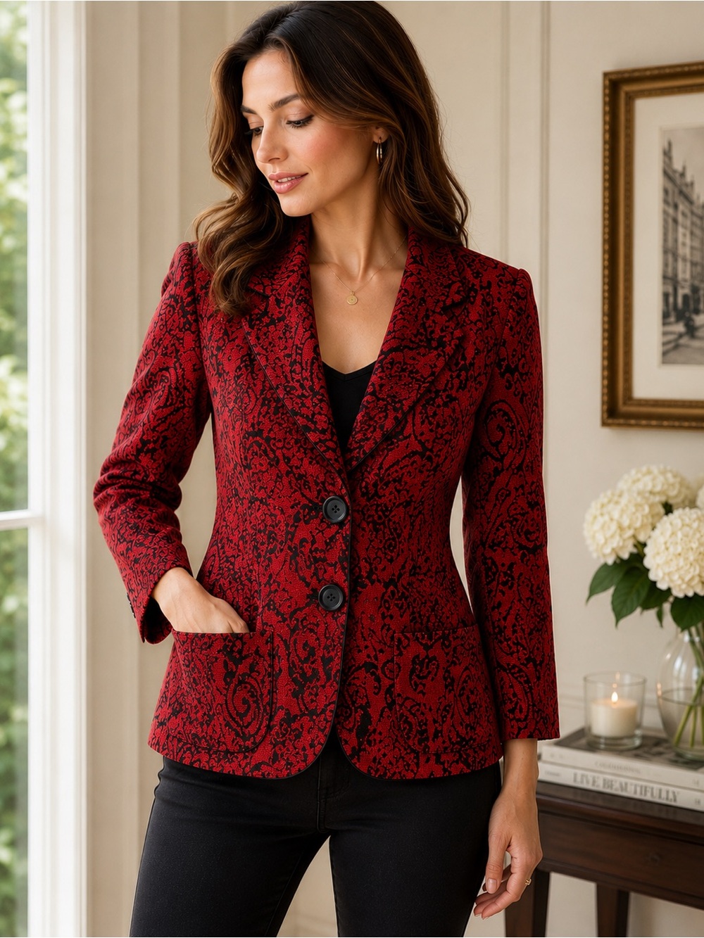 Gilani Red Black Paisley Jacquard Blazer Jacket Size 10